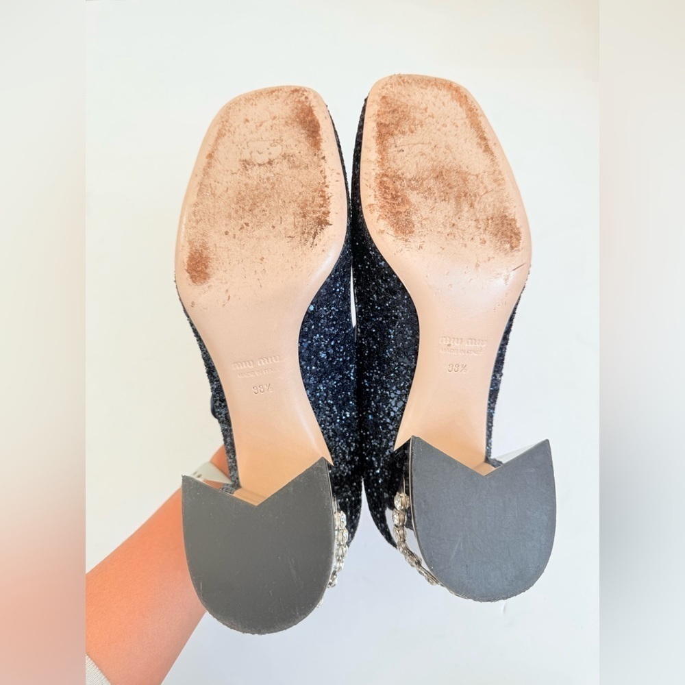 Miu Miu Midnight Blue Glitter Rhinestone embellished Mary Jane Pumps EU 38.5 - Picture 9 of 11